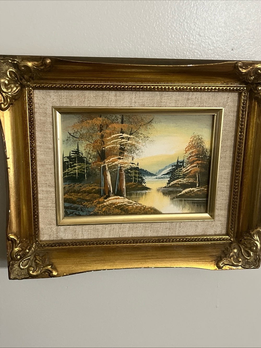 Vintage Landscape Painting On Canvas With Gold Ornate Frame & Linen Matte 8.5x11